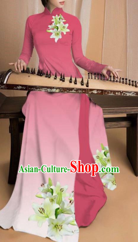Asian Vietnam Traditional Printing Lily Flowers Peach Pink Dress Vietnamese National Classical Ao Dai Cheongsam for Women