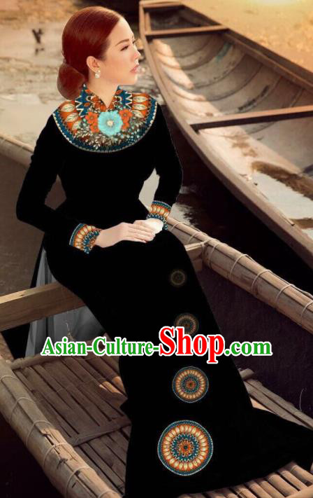 Asian Vietnam Traditional Bride Black Dress Vietnamese National Classical Ao Dai Cheongsam for Women
