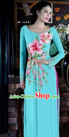 Asian Vietnam Traditional Bride Printing Peach Blossom Dress Vietnamese National Classical Ao Dai Cheongsam for Women