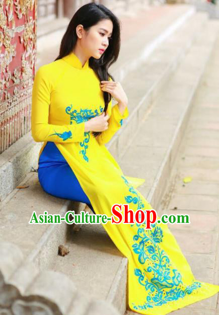 Asian Vietnam Traditional Bride Printing Yellow Dress Vietnamese National Classical Ao Dai Cheongsam for Women