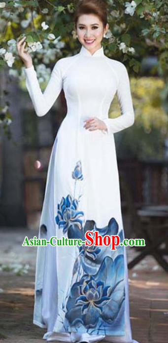 Asian Vietnam Traditional Bride Printing Blue Lotus Dress Vietnamese National Classical Ao Dai Cheongsam for Women