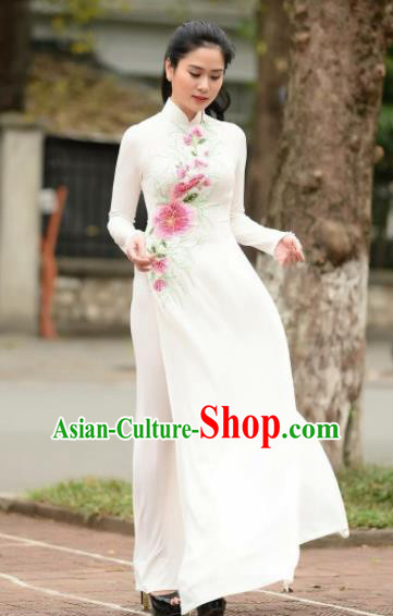 Asian Vietnam Traditional Bride Printing Peach Blossom White Dress Vietnamese National Classical Ao Dai Cheongsam for Women