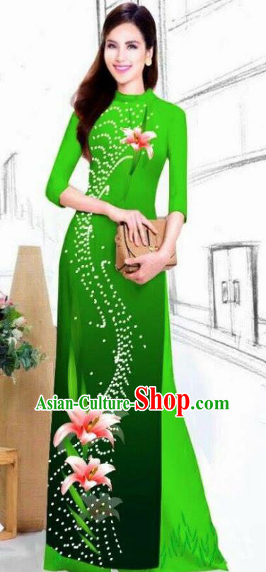 Asian Vietnam Traditional Bride Printing Lily Flowers Deep Green Dress Vietnamese National Classical Ao Dai Cheongsam for Women