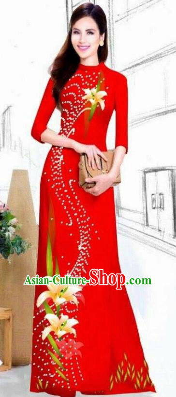 Asian Vietnam Traditional Bride Printing Lily Flowers Red Dress Vietnamese National Classical Ao Dai Cheongsam for Women
