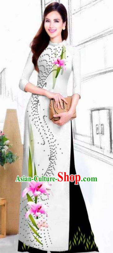 Asian Vietnam Traditional Bride Printing Lily Flowers White Dress Vietnamese National Classical Ao Dai Cheongsam for Women