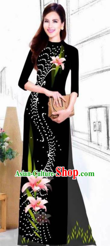 Asian Vietnam Traditional Bride Printing Lily Flowers Black Dress Vietnamese National Classical Ao Dai Cheongsam for Women