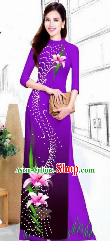 Asian Vietnam Traditional Bride Printing Lily Flowers Purple Dress Vietnamese National Classical Ao Dai Cheongsam for Women