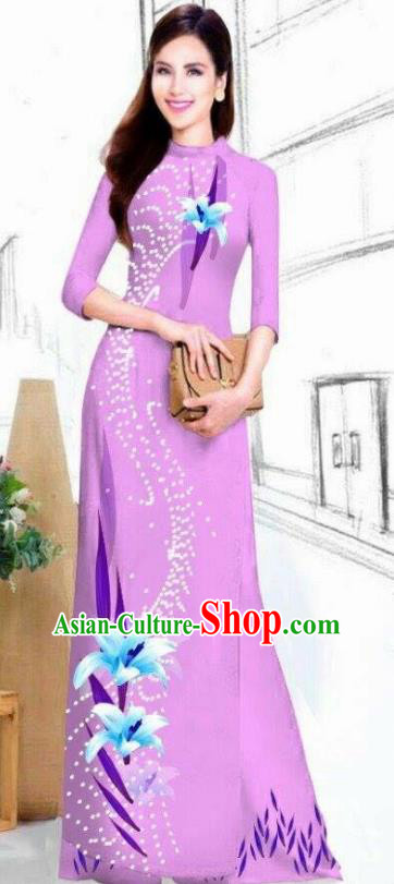 Asian Vietnam Traditional Bride Printing Lily Flowers Lilac Dress Vietnamese National Classical Ao Dai Cheongsam for Women