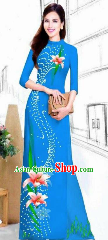 Asian Vietnam Traditional Bride Printing Lily Flowers Blue Dress Vietnamese National Classical Ao Dai Cheongsam for Women