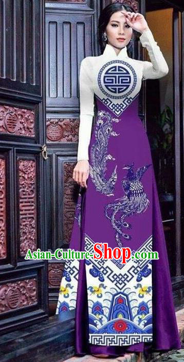 Asian Vietnam Traditional Bride Printing Phoenix Purple Dress Vietnamese National Classical Ao Dai Cheongsam for Women