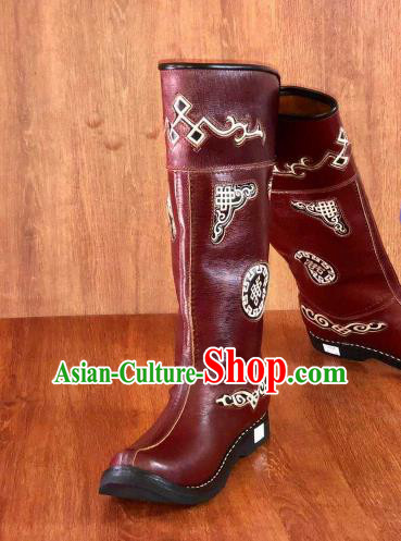 Traditional Chinese Mongol Nationality Wine Red Shoes Mongolian Minority Folk Dance Leather Boots for Men