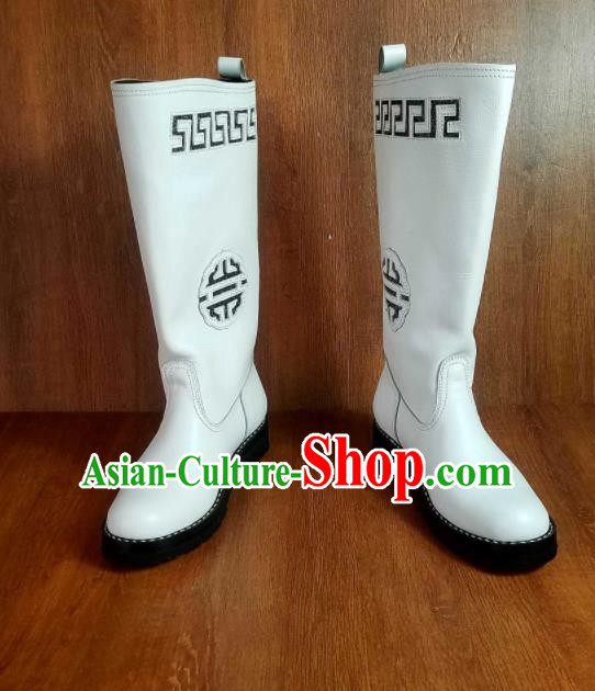 Traditional Chinese Mongol Nationality White Carving Leather Boots Mongolian Minority Folk Dance Shoes for Men