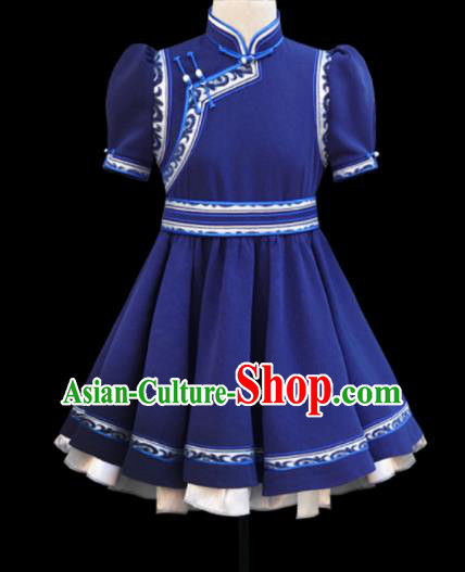 Traditional Chinese Mongol Ethnic Navy Short Dress Mongolian Minority Folk Dance Clothing for Kids