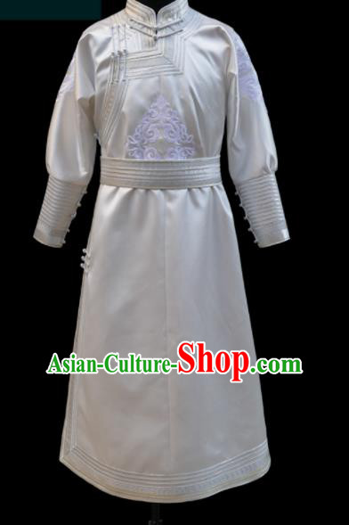Chinese Traditional Mongol Ethnic Bridegroom White Robe Mongolian Minority Folk Dance Costume for Men