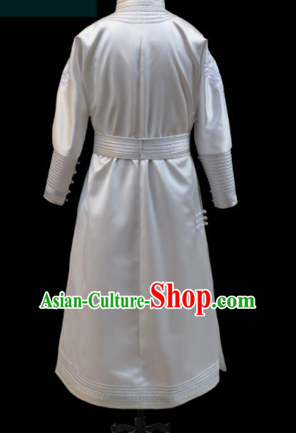 Chinese Traditional Mongol Ethnic Bridegroom White Robe Mongolian Minority Folk Dance Costume for Men