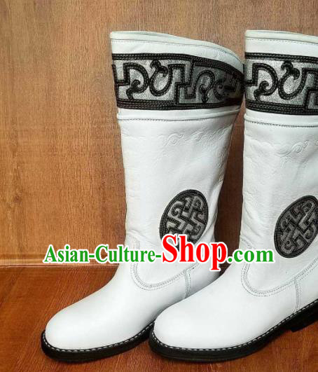 Traditional Chinese Mongol Ethnic Embroidered White Leather Boots Mongolian Minority Folk Dance Handmade Shoes for Men