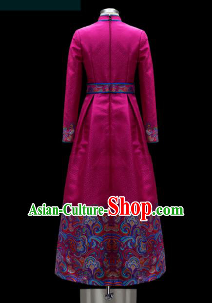 Traditional Chinese Mongol Ethnic Wedding Rosy Dress Mongolian Minority Folk Dance Embroidered Costume for Women