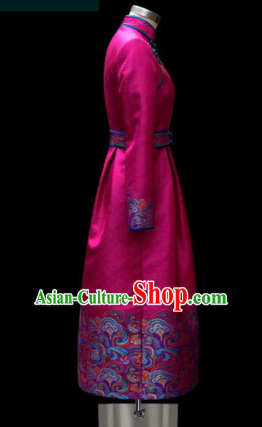 Traditional Chinese Mongol Ethnic Wedding Rosy Dress Mongolian Minority Folk Dance Embroidered Costume for Women