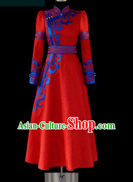 Traditional Chinese Mongol Ethnic Wedding Red Dress Mongolian Minority Folk Dance Embroidered Costume for Women