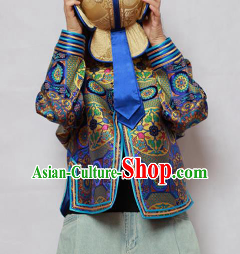 Traditional Chinese Mongol Ethnic Blue Cotton Wadded Jacket Mongolian Minority Folk Dance Costume for Women