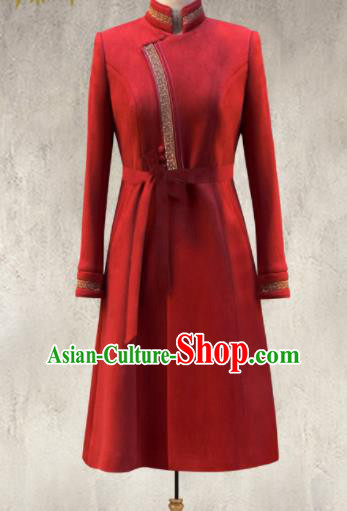 Traditional Chinese Mongol Ethnic Red Suede Coat Mongolian Minority Folk Dance Costume for Women