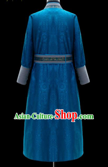 Chinese Traditional Mongol Ethnic National Blue Robe Mongolian Minority Folk Dance Costume for Men