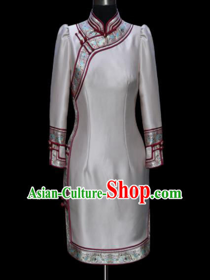 Traditional Chinese Mongol Ethnic National Grey Brocade Dress Mongolian Minority Folk Dance Costume for Women