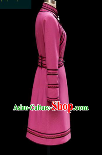 Traditional Chinese Mongol Ethnic Pink Dress Mongolian Minority Folk Dance Embroidered Costume for Women