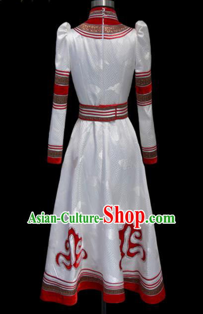 Traditional Chinese Mongol Ethnic National White Brocade Dress Mongolian Minority Folk Dance Costume for Women