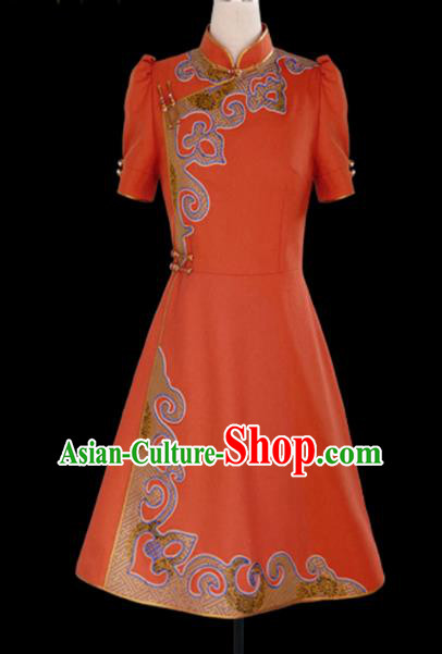 Traditional Chinese Mongol Ethnic National Orange Short Dress Mongolian Minority Folk Dance Costume for Women