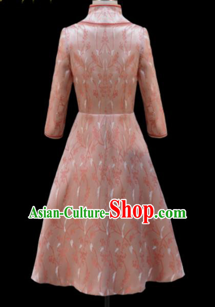 Traditional Chinese Mongol Ethnic National Pink Brocade Short Dress Mongolian Minority Folk Dance Costume for Women