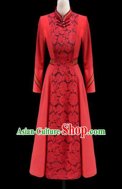 Traditional Chinese Mongol Ethnic National Red Lace Dress Mongolian Minority Folk Dance Costume for Women