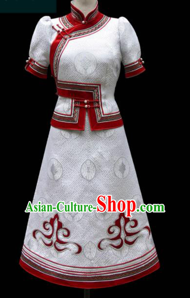 Traditional Chinese Mongol Ethnic National White Dress Mongolian Minority Folk Dance Costume for Women