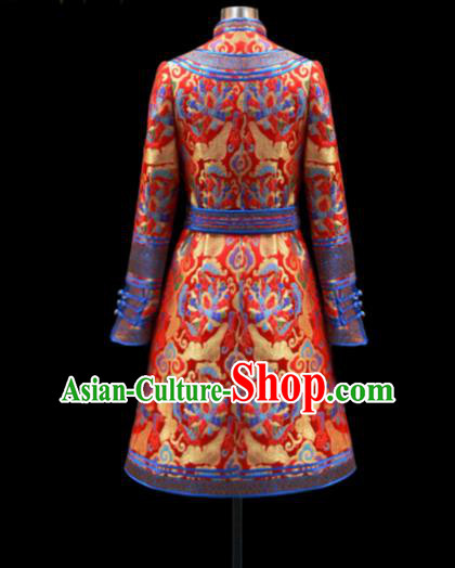 Traditional Chinese Mongol Ethnic National Red Brocade Dress Mongolian Minority Folk Dance Costume for Women