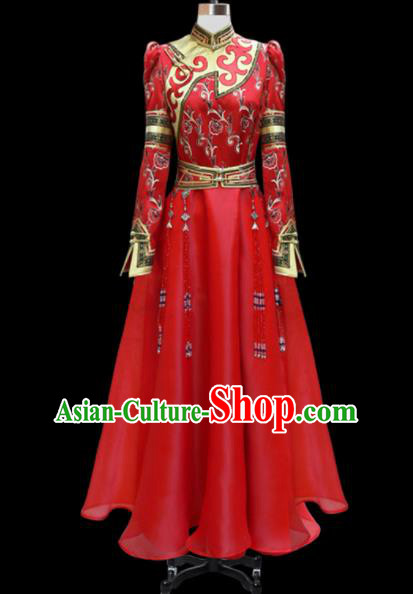 Traditional Chinese Mongol Ethnic National Red Long Dress Mongolian Minority Folk Dance Costume for Women