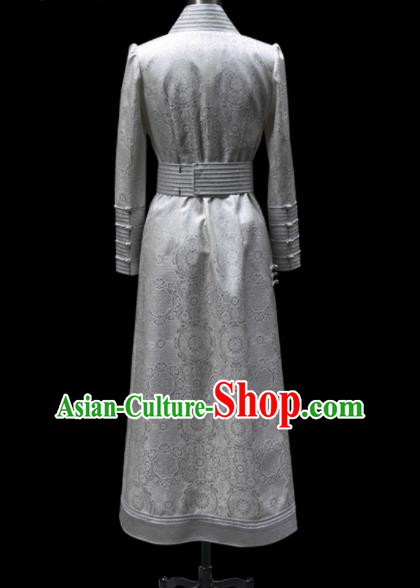 Traditional Chinese Mongol Ethnic National Grey Dress Mongolian Minority Folk Dance Costume for Women