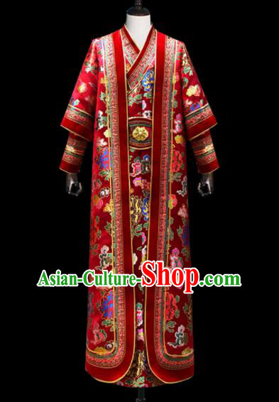 Chinese Traditional Mongol Ethnic National Wedding Red Brocade Robe Mongolian Minority Folk Dance Costume for Men