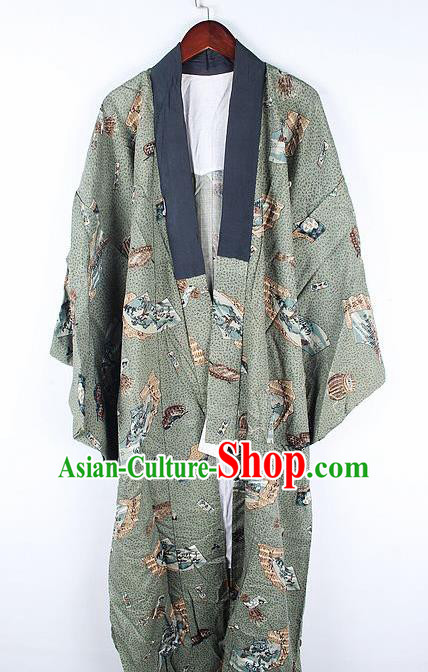Japanese Traditional Printing Olive Green Kimono Asian Japan National Costume for Men