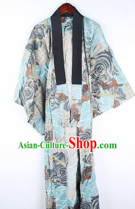 Japanese Traditional Printing Dragon Light Blue Kimono Asian Japan National Yukata Costume for Men