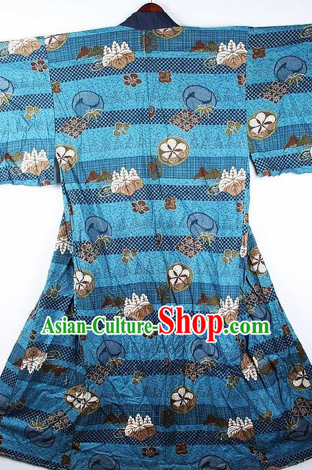 Japanese Traditional Printing Sakura Blue Kimono Asian Japan National Yukata Costume for Men