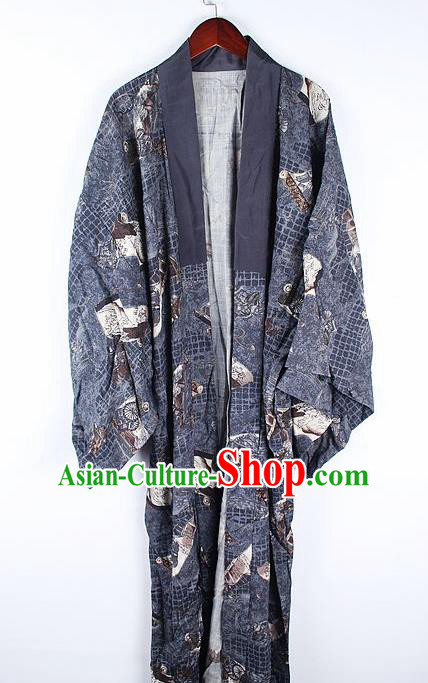 Japanese Traditional Printing Deep Grey Kimono Asian Japan National Yukata Costume for Men