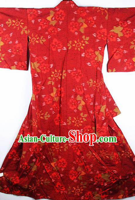 Japanese Traditional Printing Red Furisode Kimono Asian Japan National Yukata Dress Costume for Women