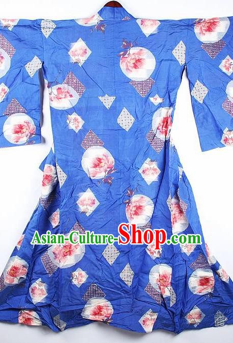 Japanese Traditional Printing Peony Blue Furisode Kimono Asian Japan National Yukata Dress Costume for Women