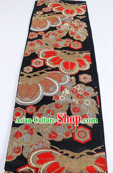 Japanese Traditional Kimono Classical Pattern Black Brocade Belt Asian Japan National Yukata Waistband for Women
