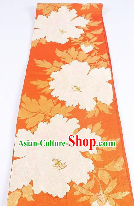Japanese Traditional Kimono Classical Peony Pattern Orange Brocade Belt Asian Japan National Yukata Waistband for Women