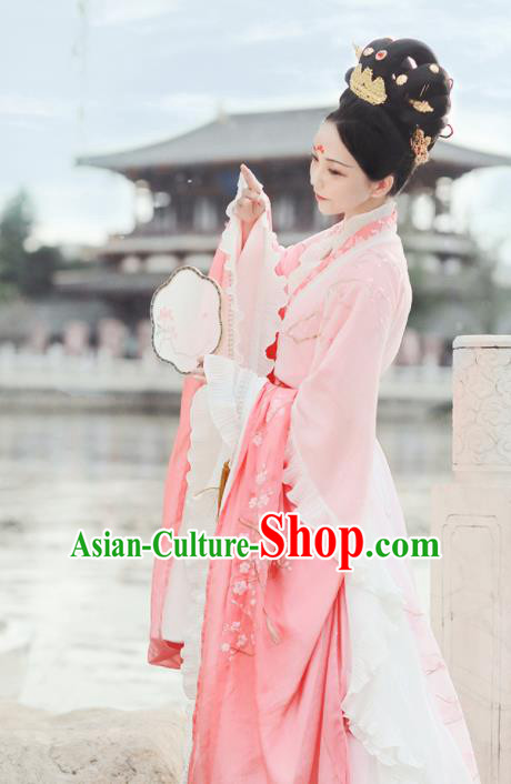 Ancient Chinese Jin Dynasty Court Princess Replica Costume Traditional Mythology Peri Pink Embroidered Hanfu Dress for Women