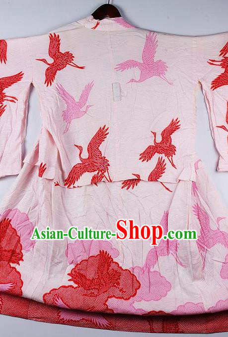 Japanese Traditional Ceremony Costume Printing Crane Pink Furisode Kimono Asian Japan National Yukata Dress for Women
