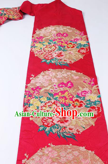 Japanese Kimono Classical Round Peony Pattern Design Rosy Brocade Belt Asian Japan Traditional National Yukata Waistband for Women