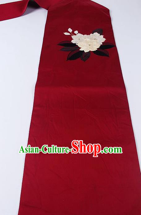 Japanese Ceremony Kimono Classical Camellia Pattern Design Red Brocade Belt Asian Japan Traditional Yukata Waistband for Women
