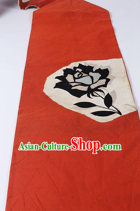 Japanese Ceremony Kimono Classical Rose Pattern Design Red Brocade Belt Asian Japan Traditional Yukata Waistband for Women